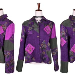 Patchwork Jacket Size Med Colorful Boho 90s Carpet Tapestry Floral Beaded VTG